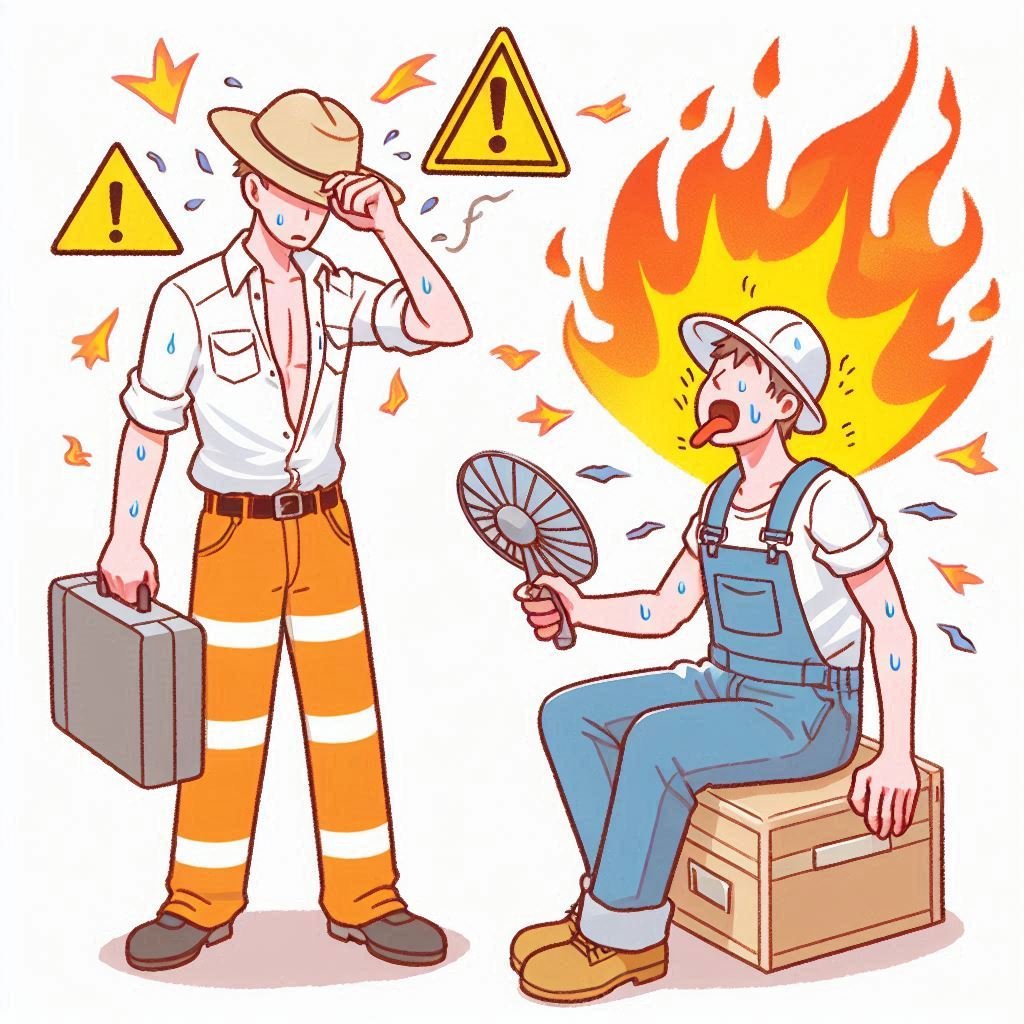 Trabajadores al aire libre bajo un calor intenso, uno usando un ventilador y el otro con ropa de seguridad.