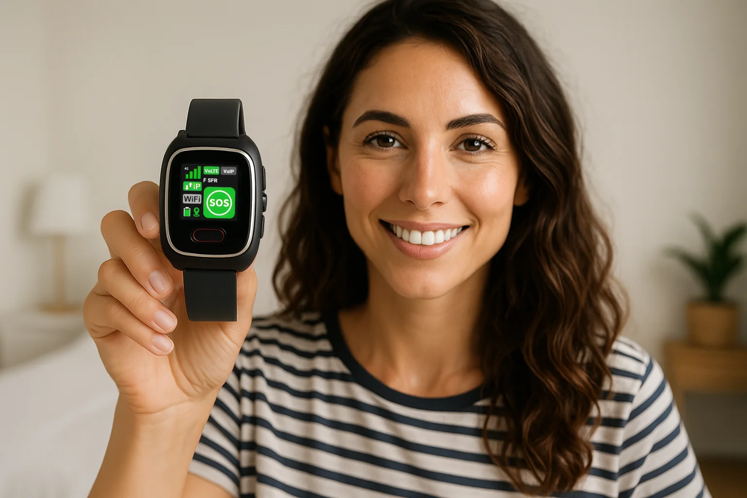 Mujer joven sonriente con el pelo castaño ondulado, vestida con una camiseta de rayas, sosteniendo en primer plano un reloj de seguridad D‑3000 en una habitación luminosa y minimalista. La pantalla del reloj muestra claramente iconos de señal, batería y botón SOS, con elementos en verde sobre fondo negro.