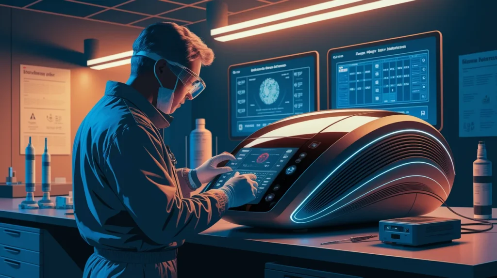 Técnico con traje de protección utilizando una interfaz táctil futurista en un laboratorio equipado con dispositivos médicos y pantallas de control digitales.