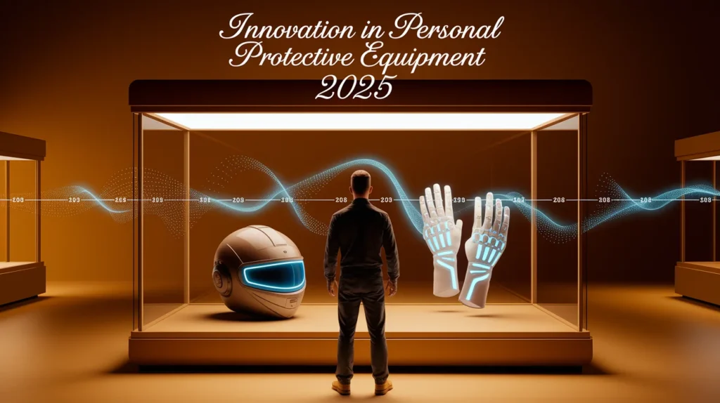 Un hombre observa una vitrina futurista sobre los equipos de protección individual del año 2025, con un casco de alta tecnología y guantes inteligentes con visualización biométrica.