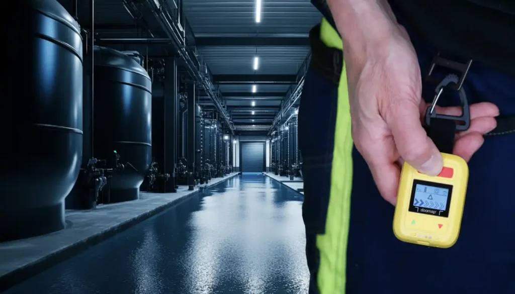 Primer plano de un dispositivo PTA amarillo TWIG Neo Ex sujeto al cinturón de un trabajador, en un entorno industrial oscuro con tanques y suelos húmedos en zona ATEX.