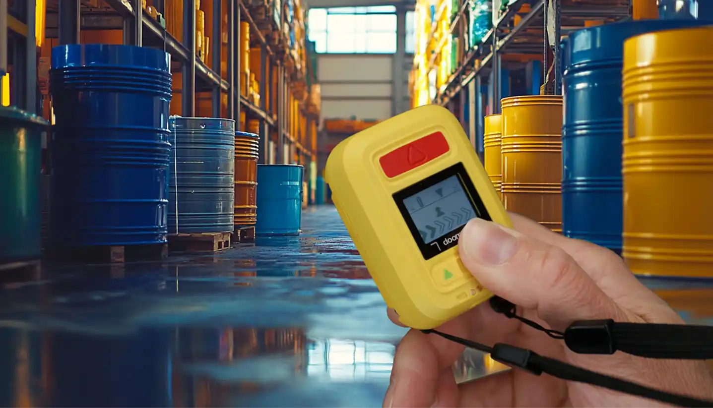 Mano sosteniendo un dispositivo PTA amarillo en primer plano, con un almacén industrial al fondo lleno de bidones metálicos azules y amarillos.