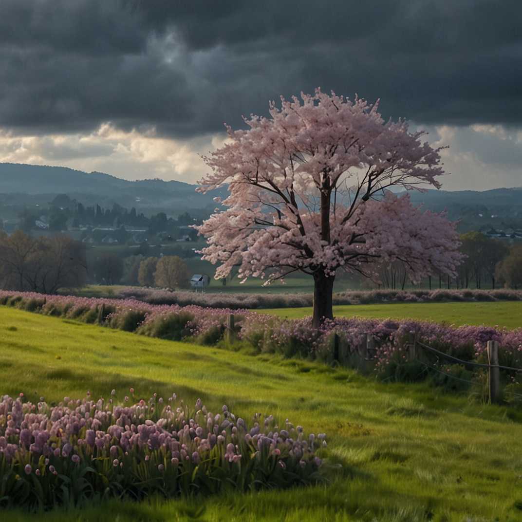 Paisaje de primavera con un árbol en flor y campos de flores violetas bajo un cielo nublado.