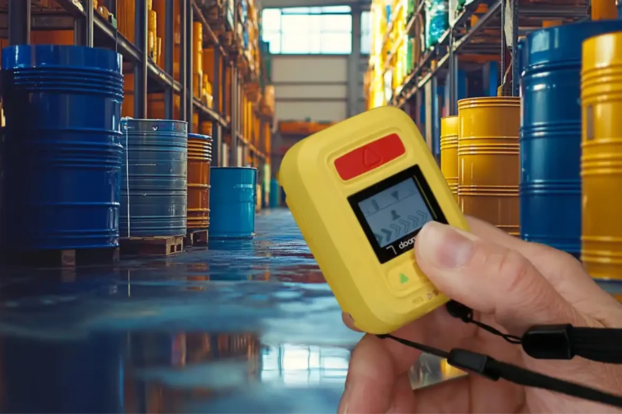 Mano sosteniendo un dispositivo PTA amarillo en primer plano, con un almacén industrial al fondo lleno de bidones metálicos azules y amarillos.