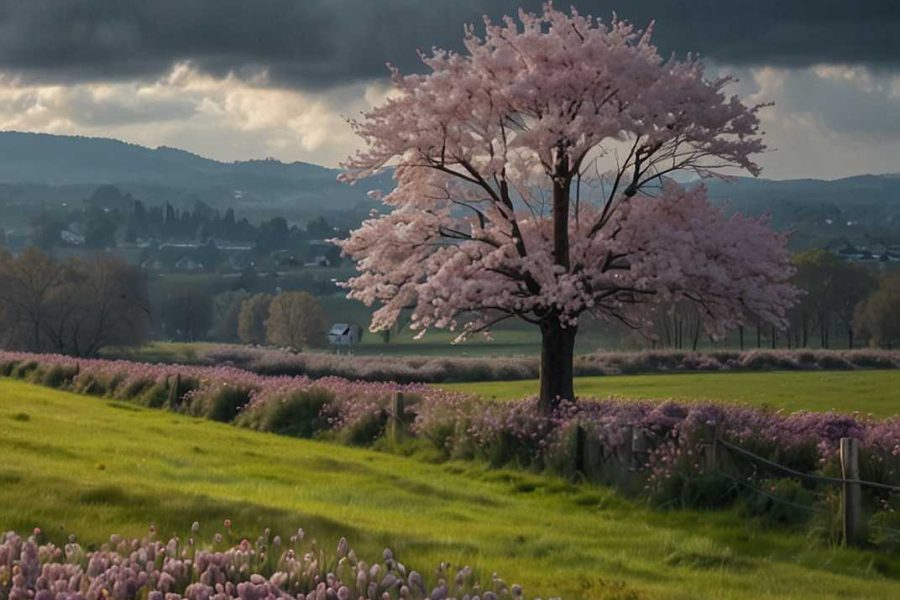 Paisaje de primavera con un árbol en flor y campos de flores violetas bajo un cielo nublado.